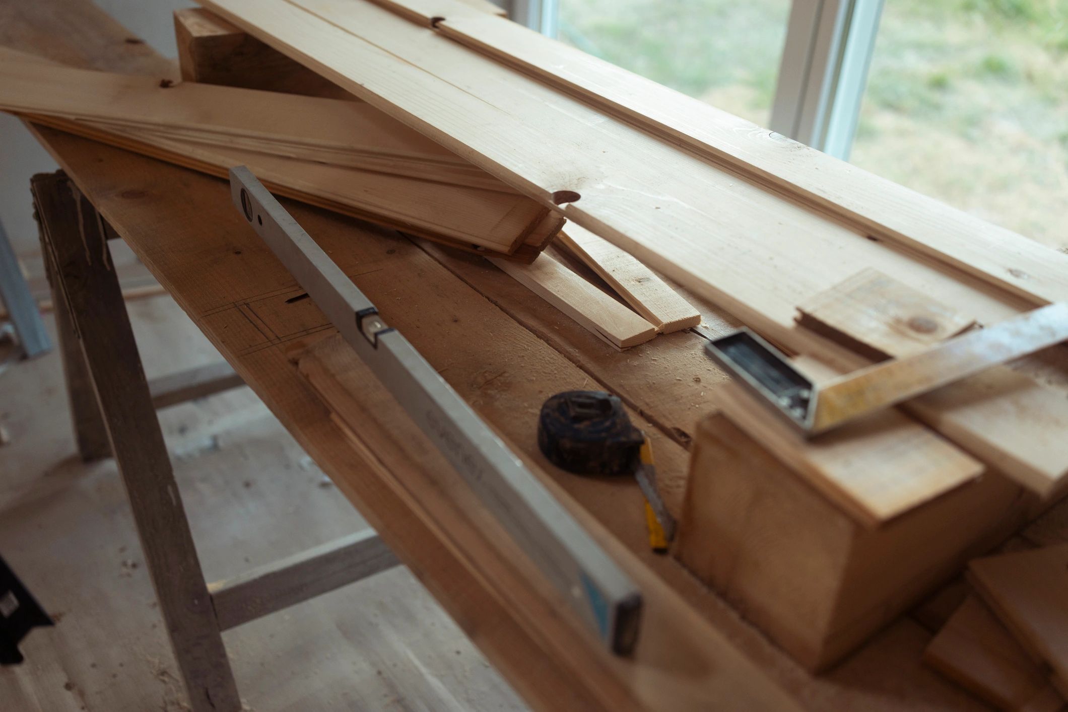 Workbench with measuring tools and materials